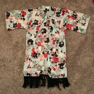 Floral Pattern Kimono with Fringe